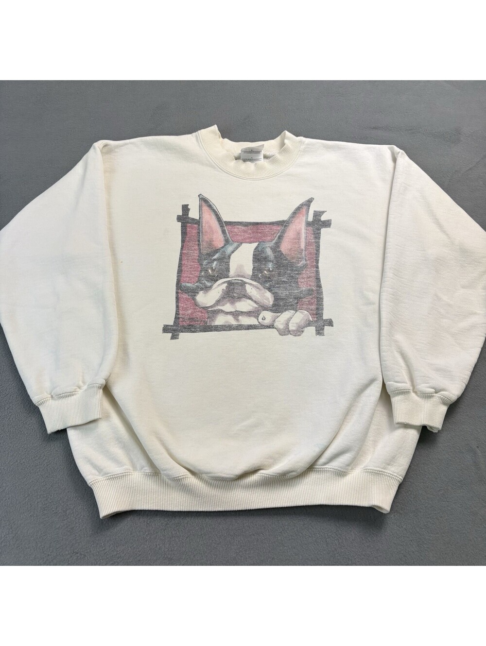 Vintage Boston Terrier Caricature Crewneck Sweatshirt Size Large White